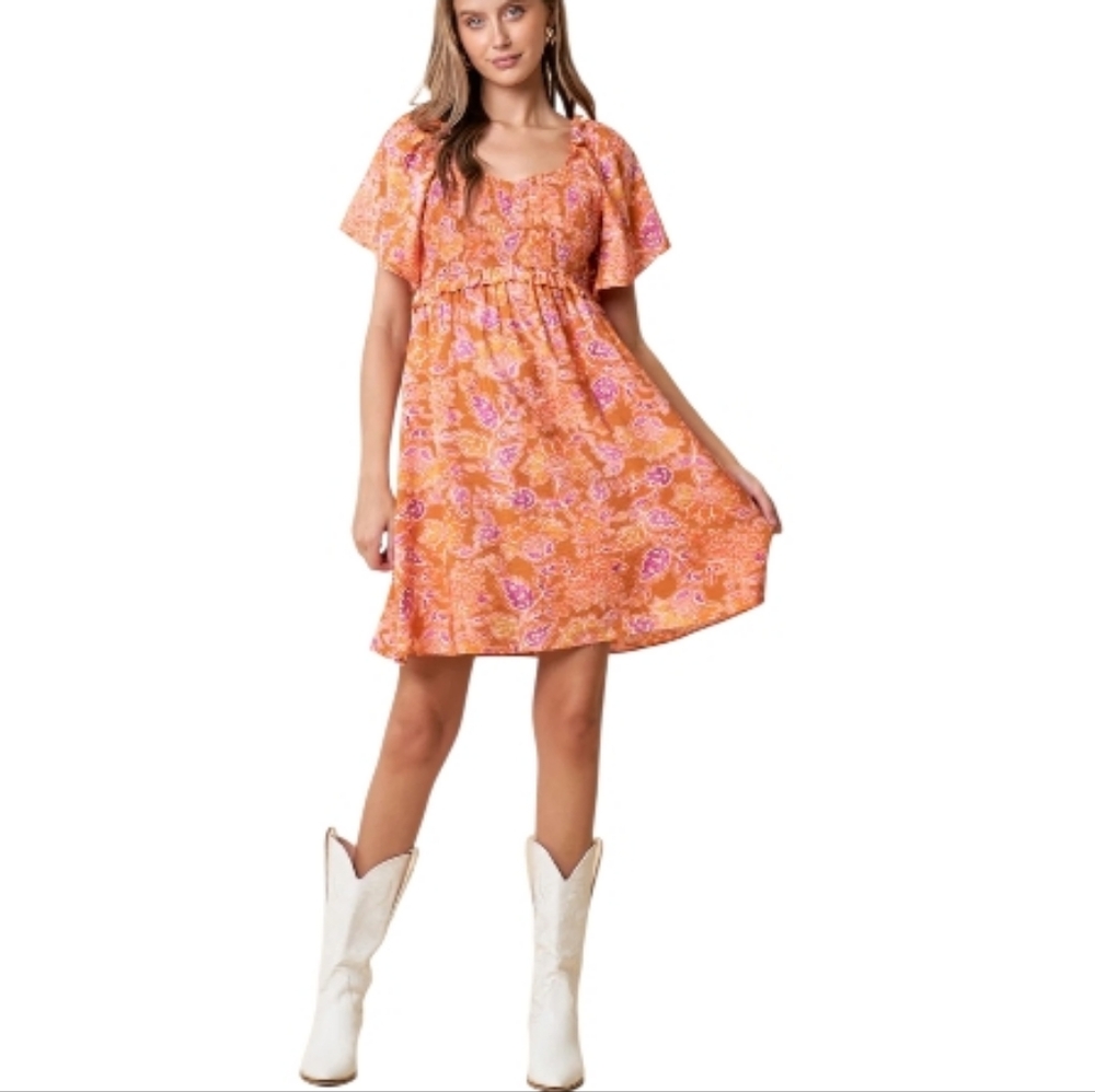 Doe & Rae Orange Smocked Mini Dress
